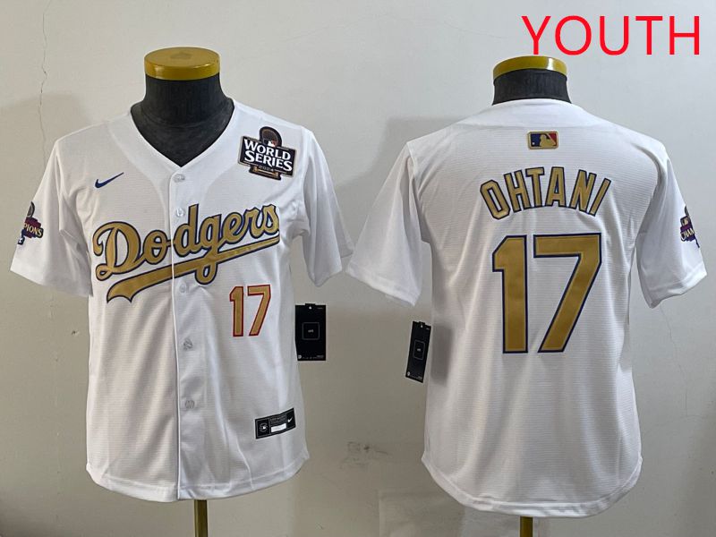 Youth Los Angeles Dodgers 17 Ohtani White Champion gold character 2025 Nike MLB Jersey style 4